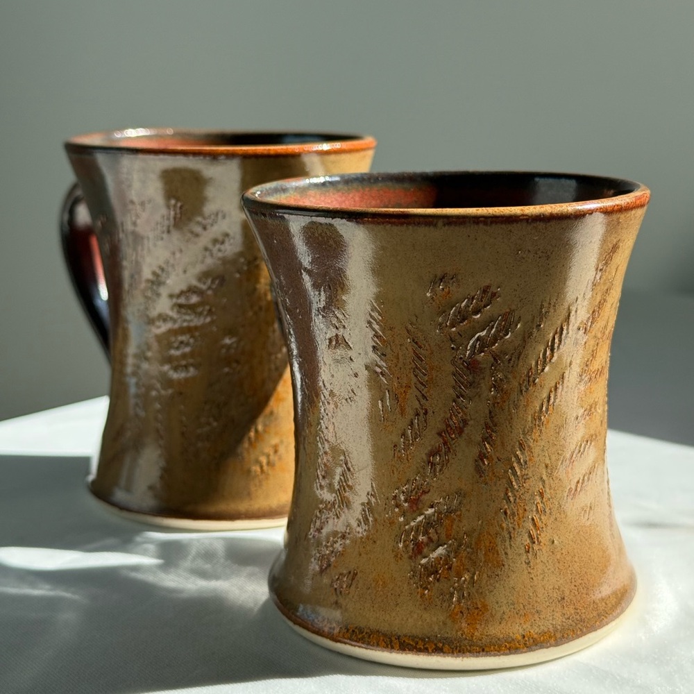 Vintage Handcrafted Pottery Mugs in Warm Brown Glaze